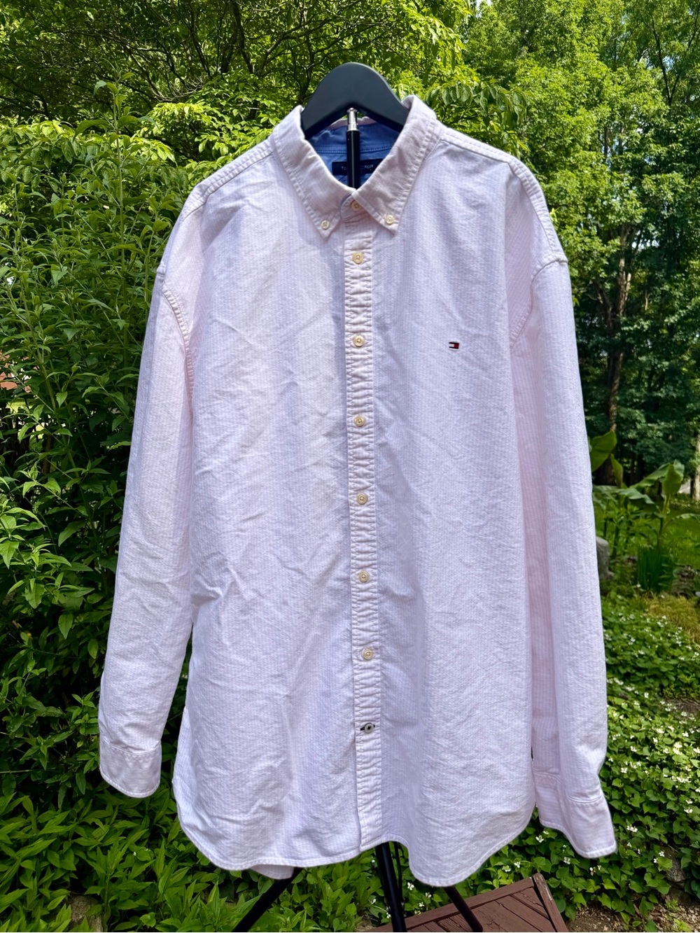 Tommy Hilfiger Men’s Pink and White Striped Button-Down Shirt- Size 3XL
